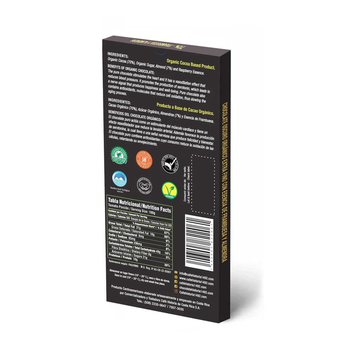 Chocolate Oscuro Frambuesa y Almendras 70% 80g