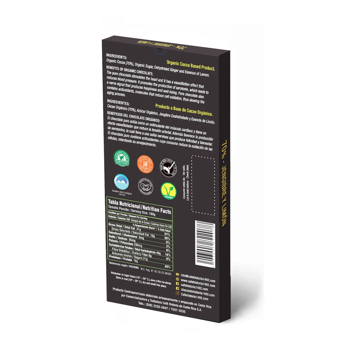 Chocolate Oscuro Jengibre y Limón 70% 80g